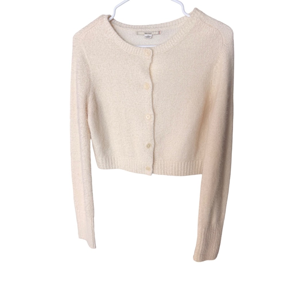 Kimchi Blue Cropped Fuzzy Knit Cardigan Sweater Cream Size M